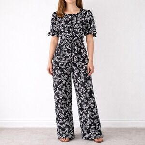 Calvin Klein Black Floral Wide Leg Jumpsuit Size 8 Casual Chic Office Business